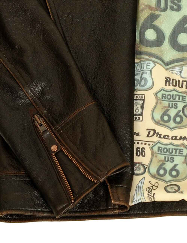 Metal zipper on the sleeve of a men's brown leather biker jacket.
