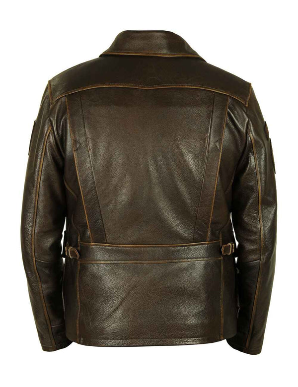 Men's brown leather biker jacket, back view.