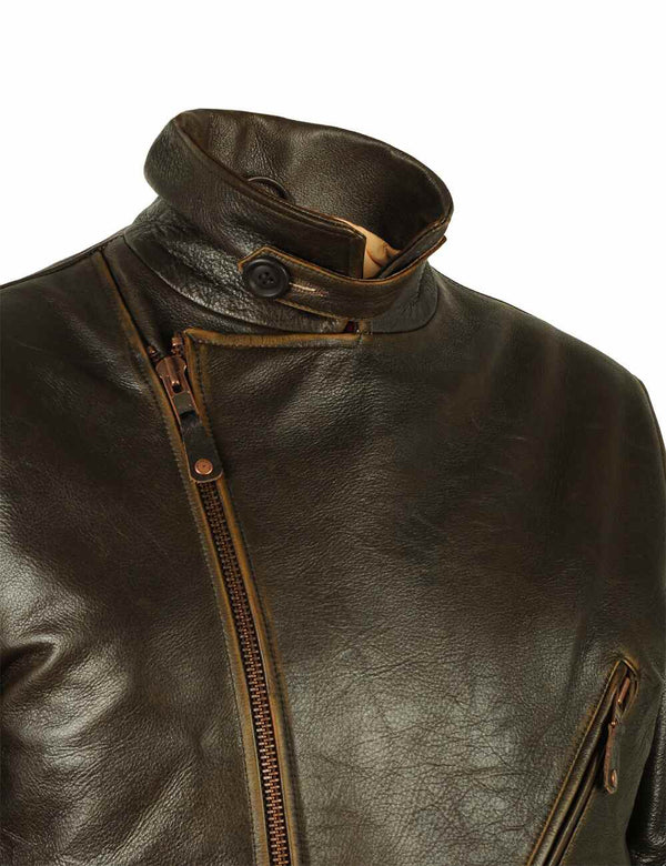 The top part of a men's brown leather biker jacket with a fully buttoned collar.