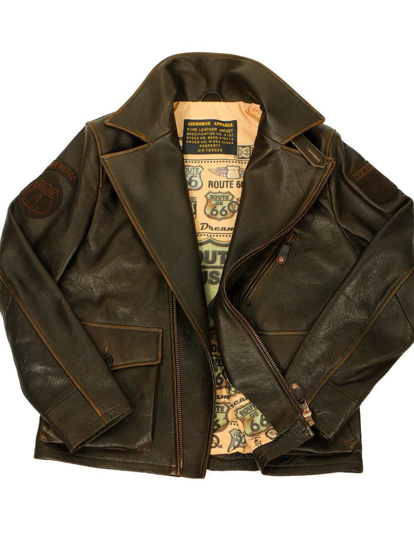Men's brown leather biker jacket unbuttoned, revealing a bright lining.