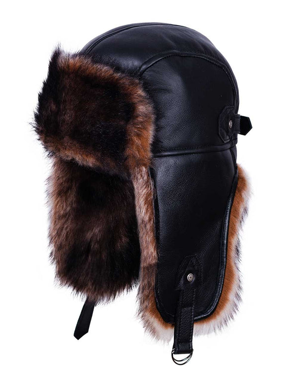 Black leather helmet with brown fur trim on a white background.