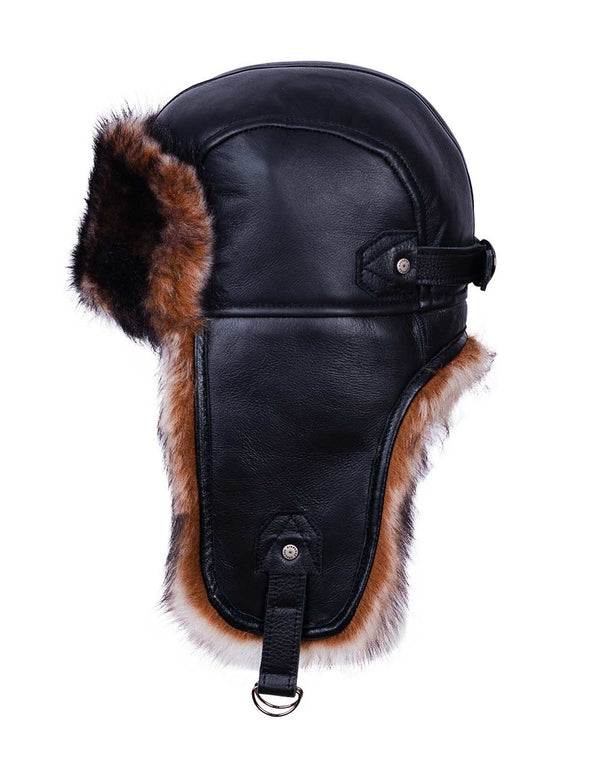 Black leather aviator hat with fur trim on a white background.