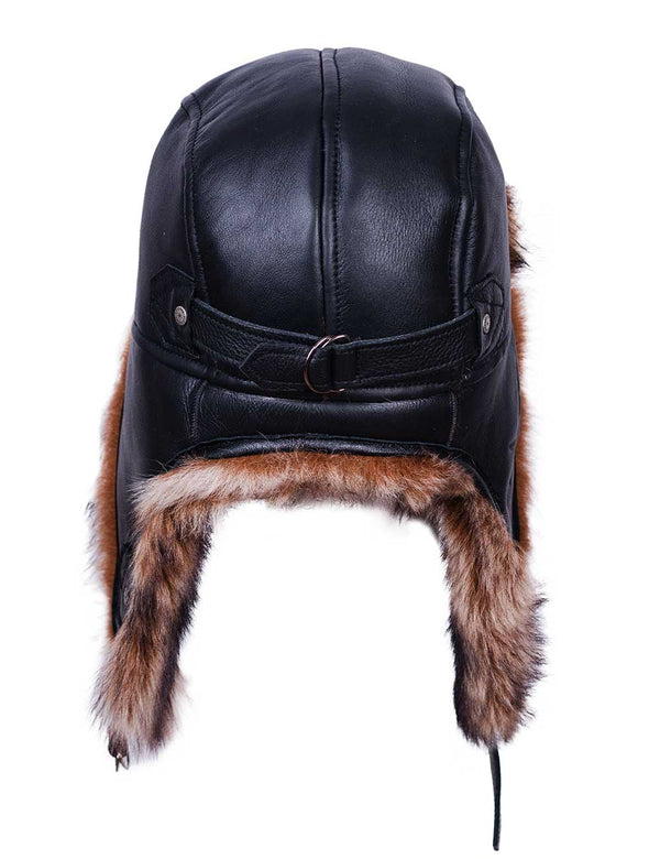 Black leather helmet with fur trim on a white background.