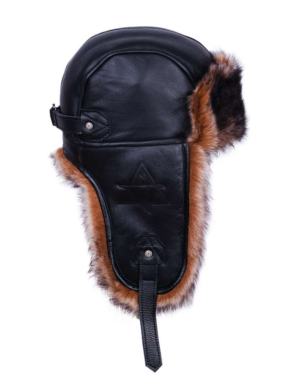 Black leather aviator hat with brown fur trim on a white background.