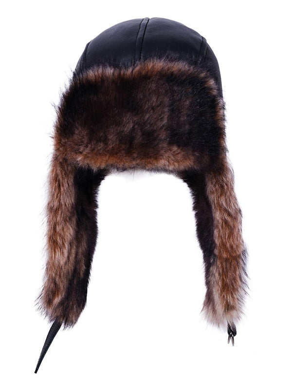 Black leather hat with brown fur inside on a white background.