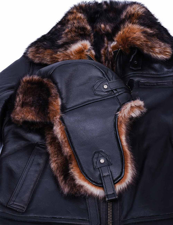 Black sheepskin jacket and hat with brown fur on a white background.