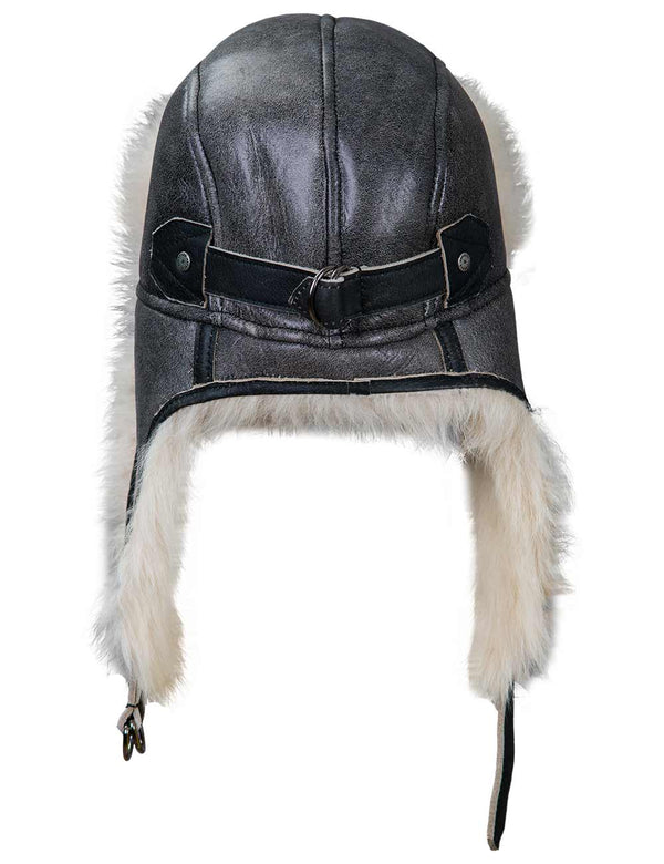 Grey leather hat with white fur trim on a white background.