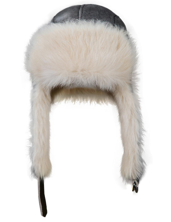 Grey fur hat with a white interior on a white background.