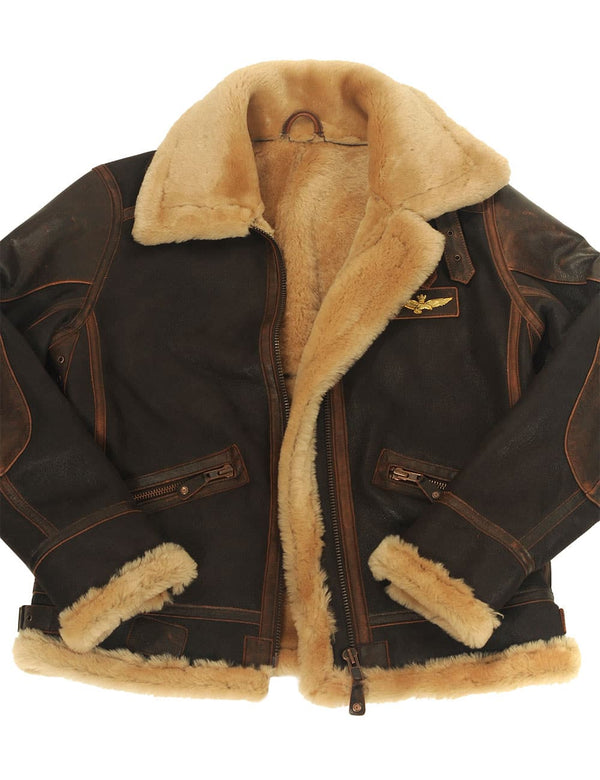 Men's brown sheepskin jacket, unbuttoned.