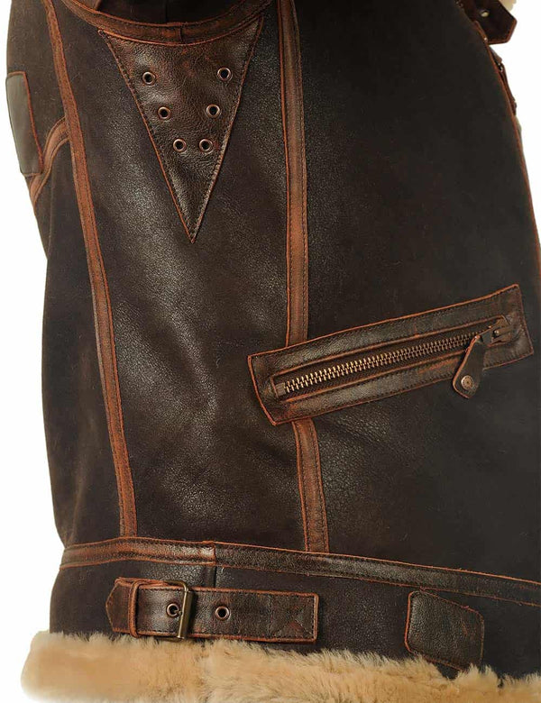 The side lower part of a men's brown sheepskin jacket.