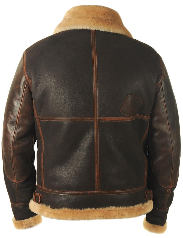Men's brown sheepskin coat, back view.