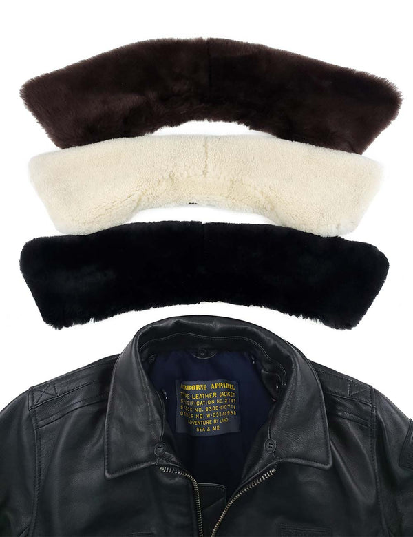 Three sheepskin collars: brown, cream, black, below is the top part of a black men's leather jacket.