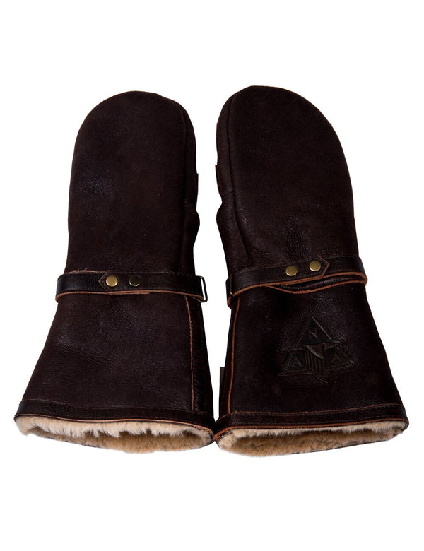 Brown men's leather mittens with fur.