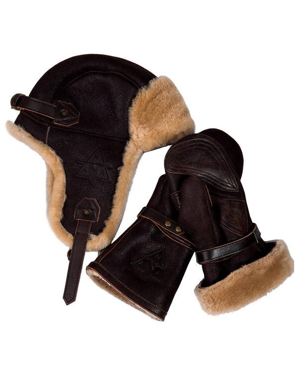 Men's brown fur hat with earflaps and brown sheepskin mittens.