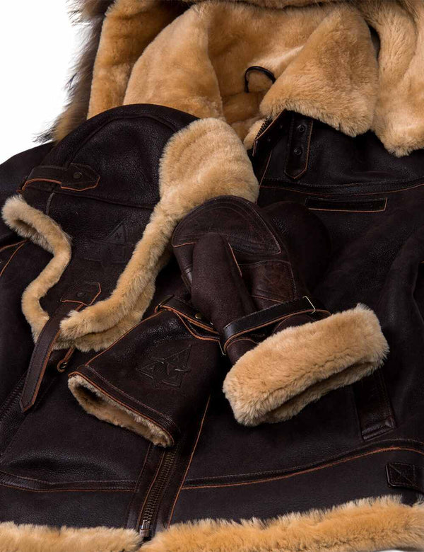 Brown sheepskin jacket with men's hat and sheepskin mittens.