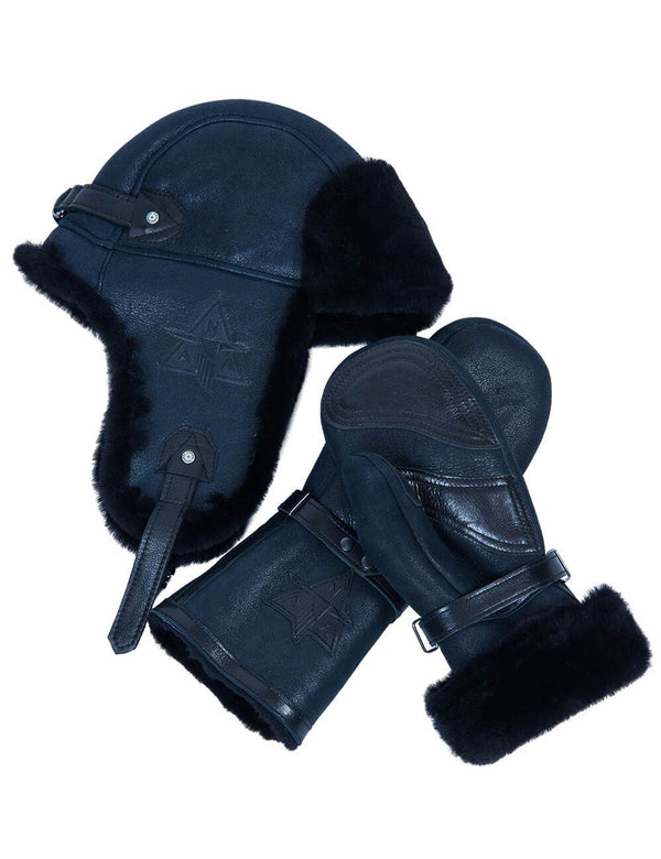 Blue ushanka and mittens made of sheepskin.