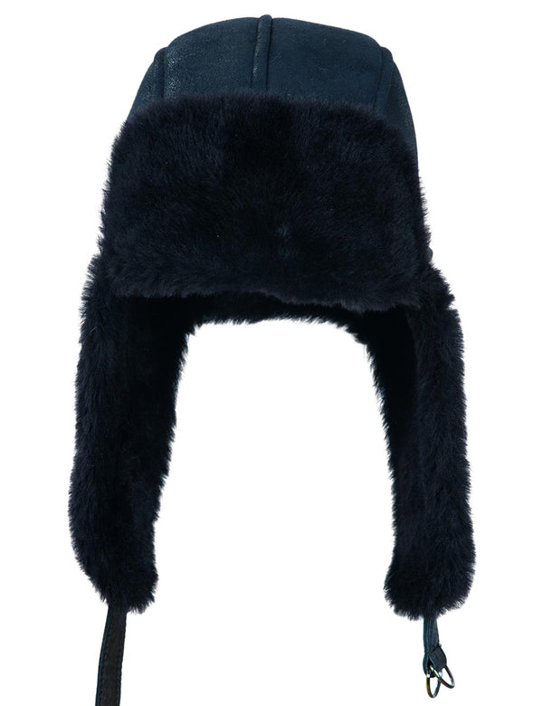 Dark blue fur-trimmed hat on a white background.
