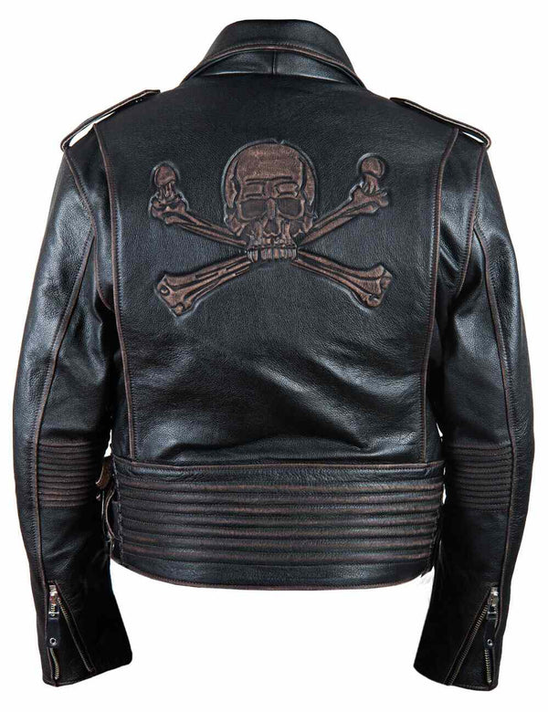 Back of a men's brown leather biker jacket.