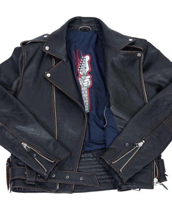 Men's brown leather biker jacket.
