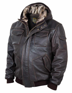 Men's brown leather jacket with hood.