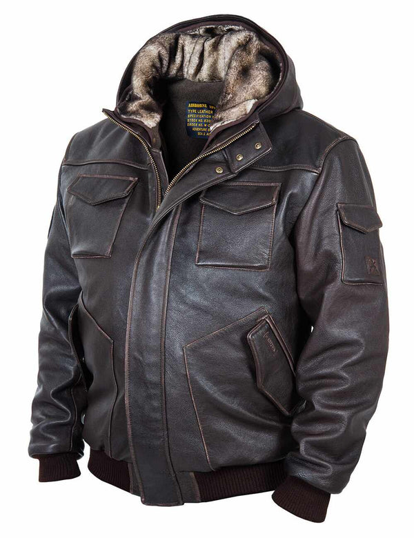 Men's brown leather jacket with hood.