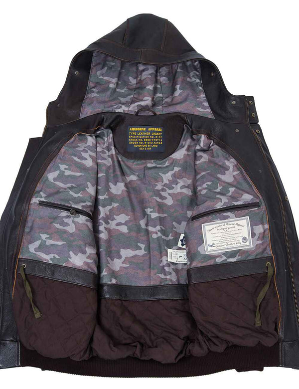 Men's brown leather jacket with hood unbuttoned, showing lining and inside pockets.