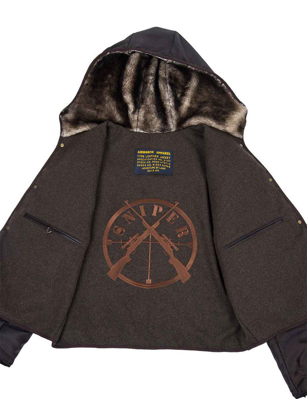Men's brown leather jacket with a fur-lined hood, unbuttoned, revealing an interesting lining and internal pockets.
