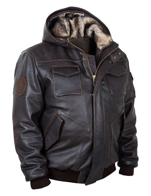 Men's brown leather jacket with hood.