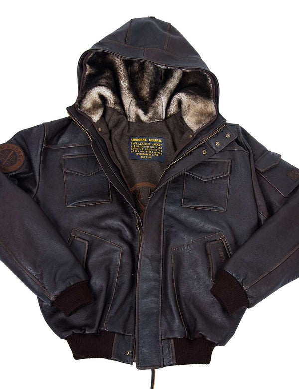 Short brown leather men's jacket with a hood, the hood is insulated with natural fur.