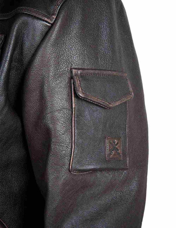 Utility pocket on the left sleeve of men's brown leather jacket.