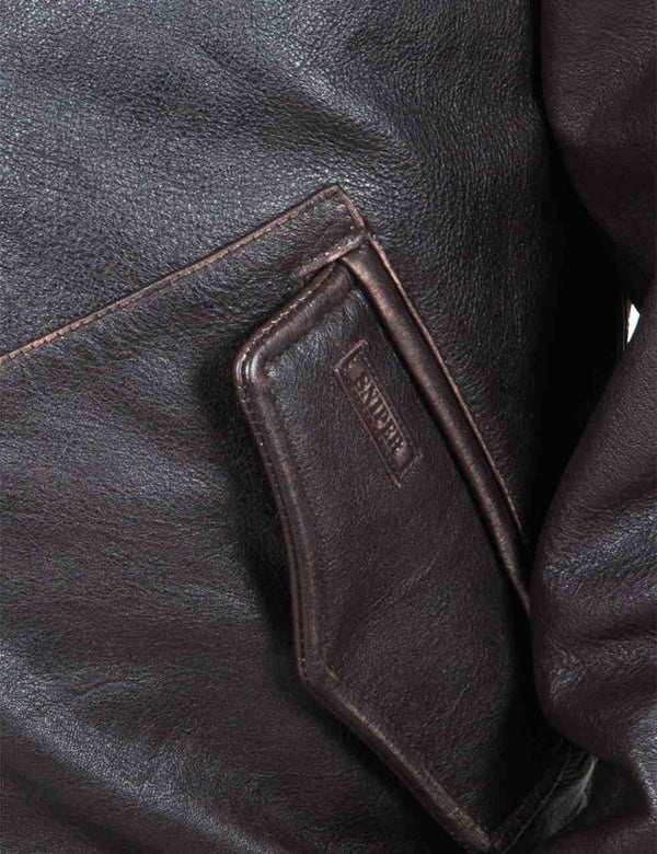 Flap pocket of men's brown leather jacket.
