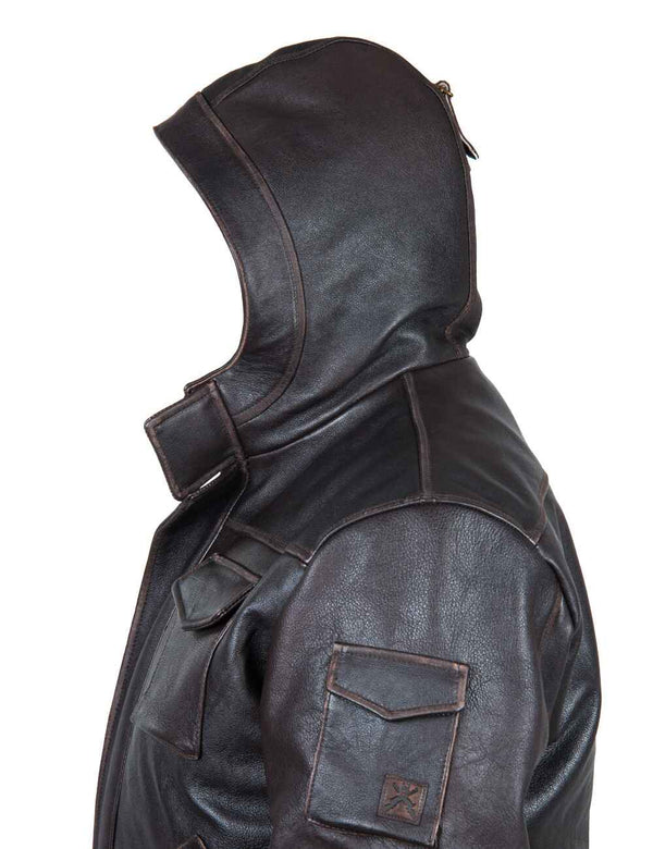 Men's brown leather jacket with hood, side view.