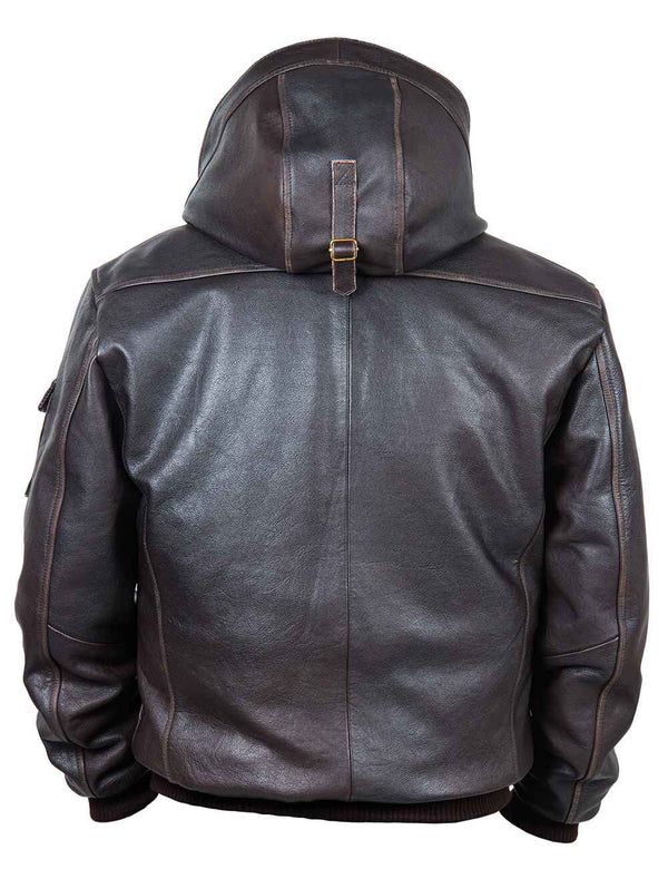 Men's brown leather jacket with hood, back view.
