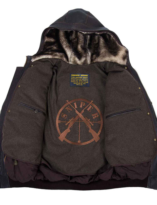 Men's brown leather jacket with a fur-lined hood, unbuttoned, revealing an interesting lining and internal pockets.