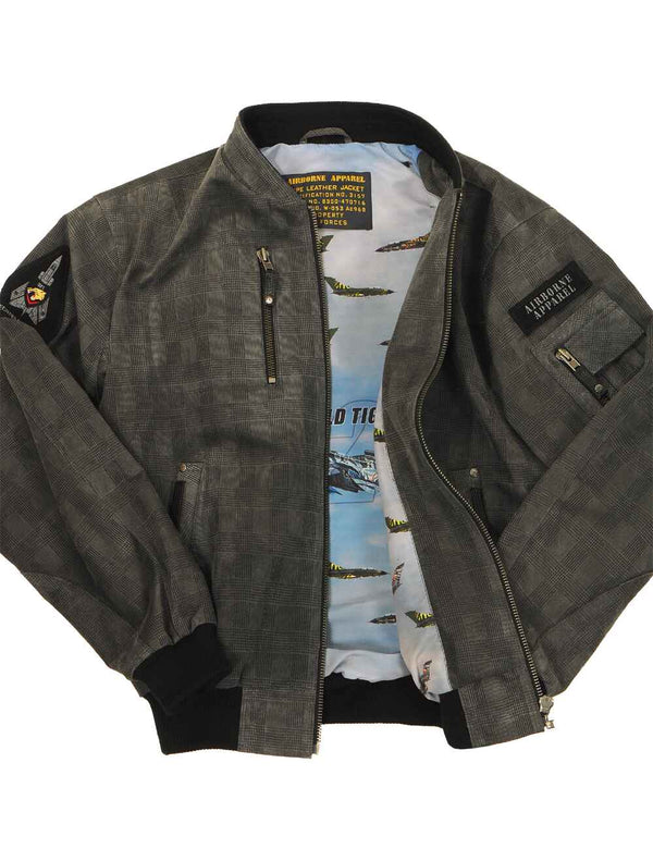Men's grey leather jacket.