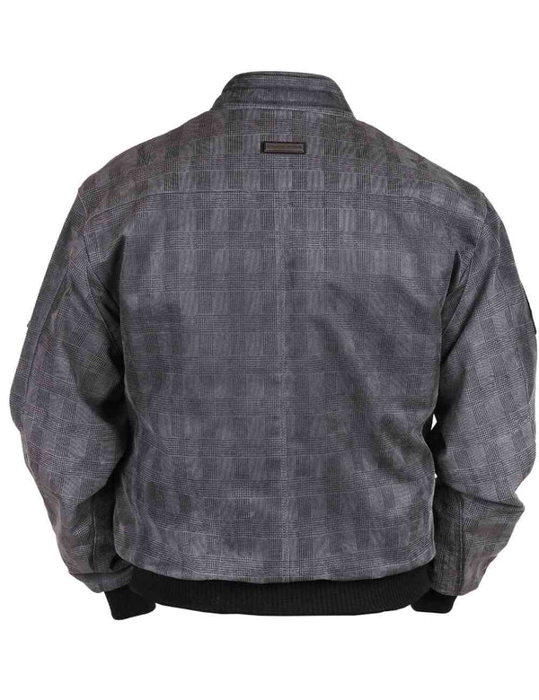 Back of men's grey leather jacket.