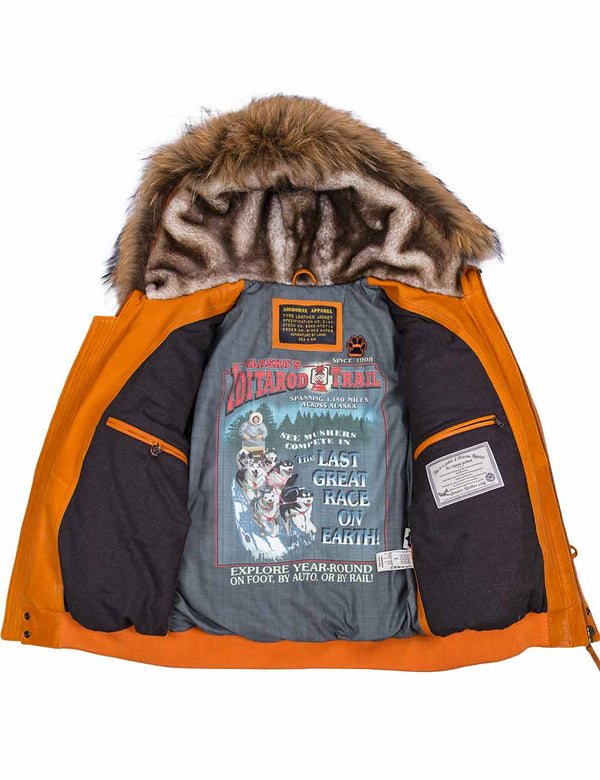 Men's orange leather jacket with a hood, unbuttoned, the hood is insulated with sheepskin and trimmed with raccoon fur.