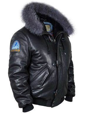 Men's black leather down jacket.