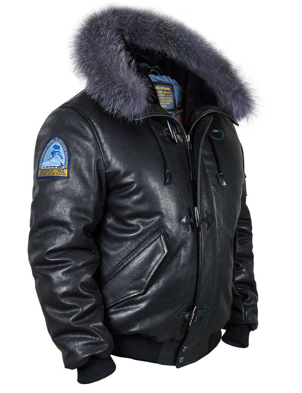 Men's black leather down jacket.