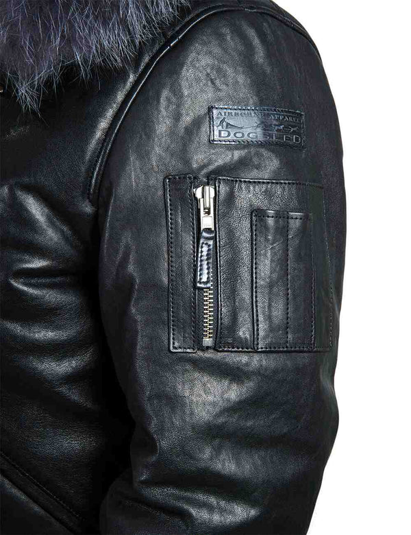 Utility pocket on the sleeve of leather down jacket.