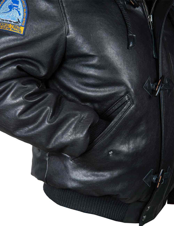 Part of a men's leather down jacket.