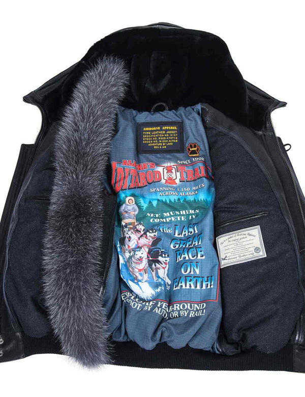 Men's black leather down jacket.