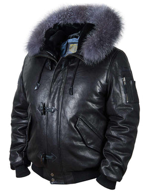 Men's black leather down jacket.