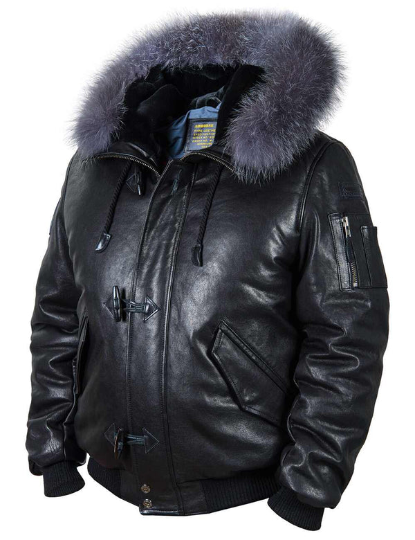 Men's black leather down jacket.