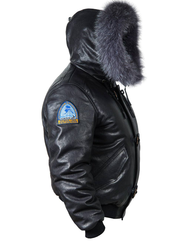 Side view of men's leather down jacket.