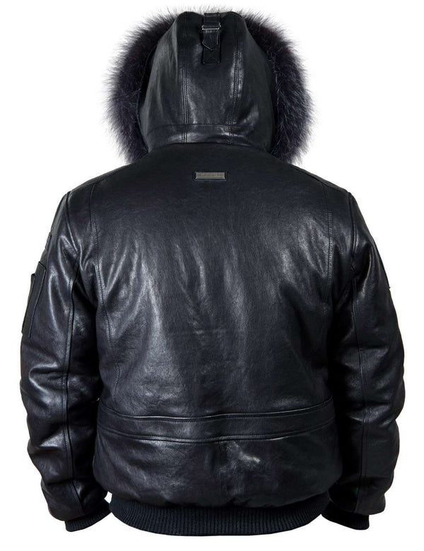 Back of a men's leather down jacket.