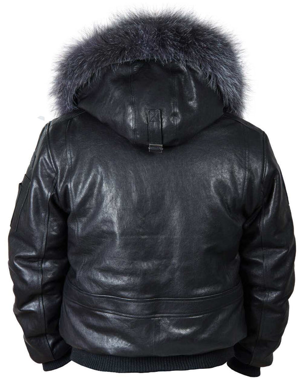 Back of a men's leather down jacket.