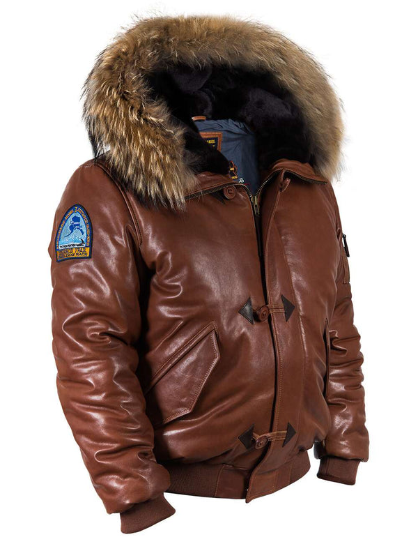 Men's brown leather parka with hood.