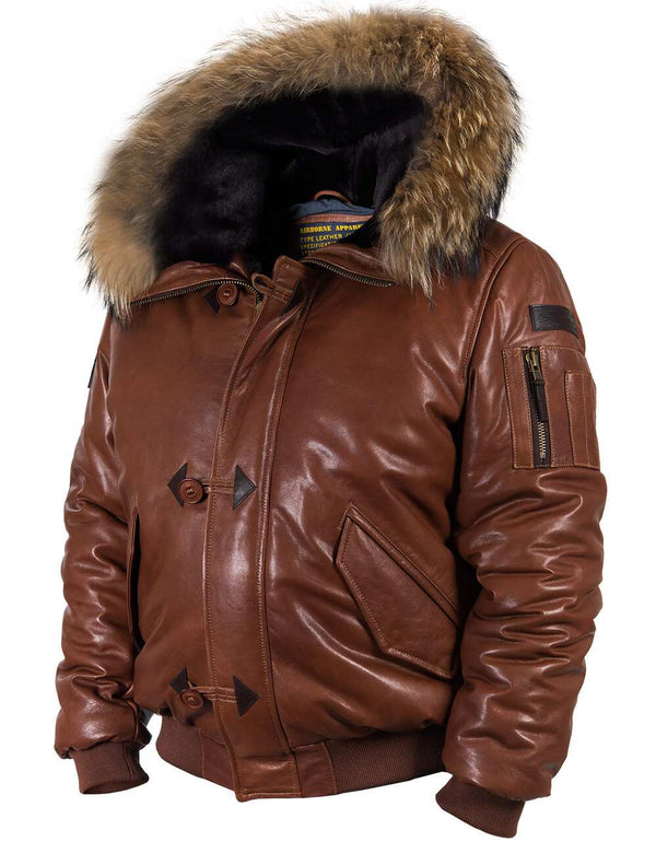 Men's brown leather parka with hood.