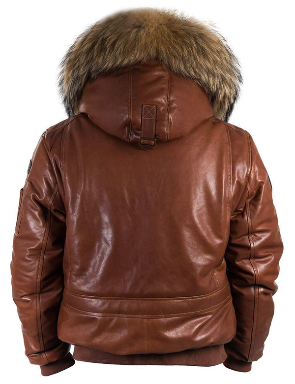 Men's light brown leather short parka with raccoon fur trimmed hood, back view.